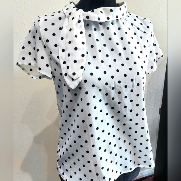 White short sleeve blouse with black polka dots and bow at the neck - Picture 2 of 2